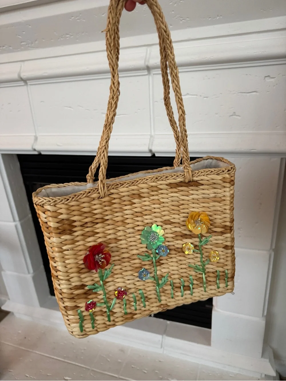 Vintage Straw Tote with Red, Green, Yellow & Blue Floral Accents